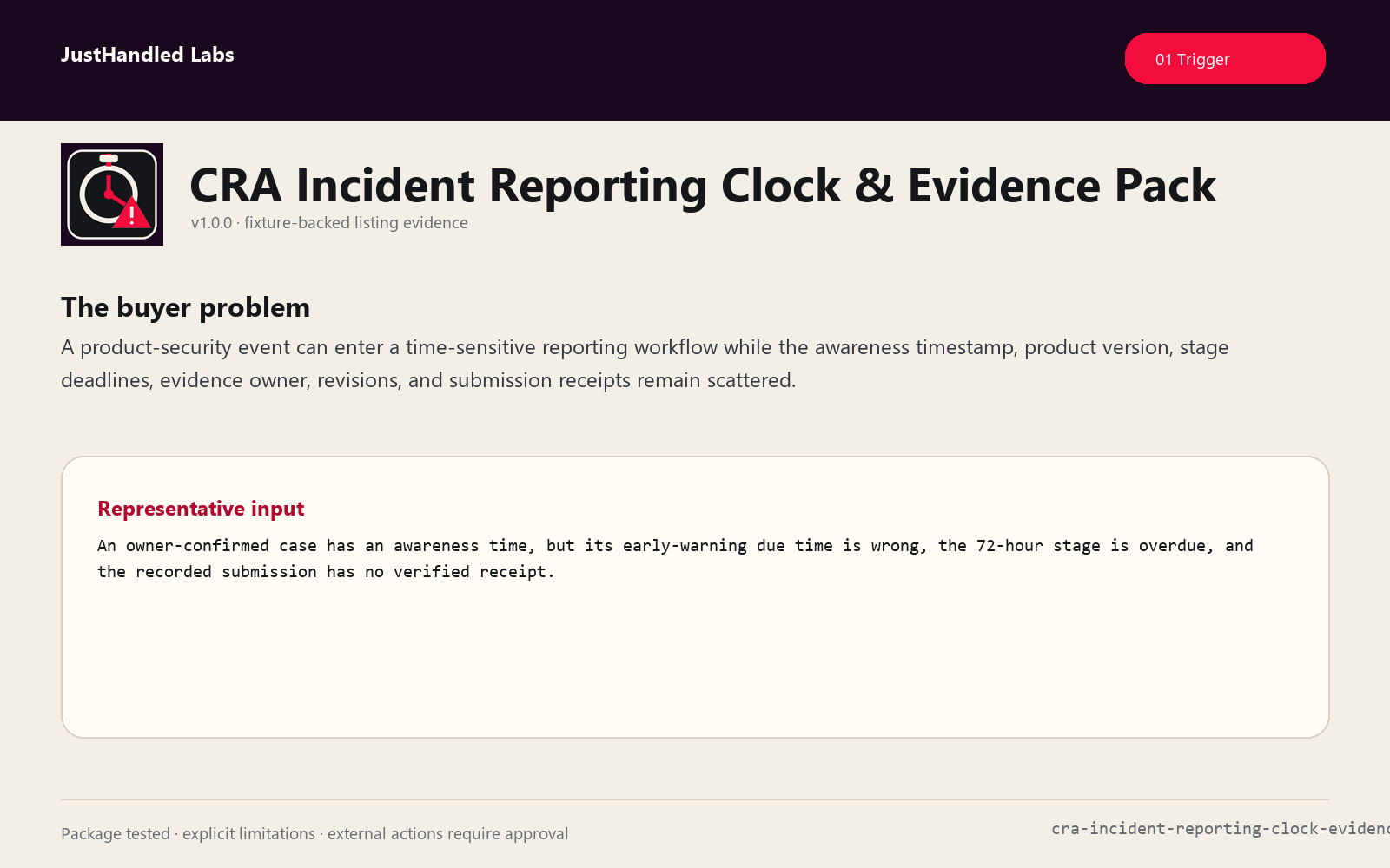 ⏱️ CRA Incident Reporting Clock & Evidence Pack preview
