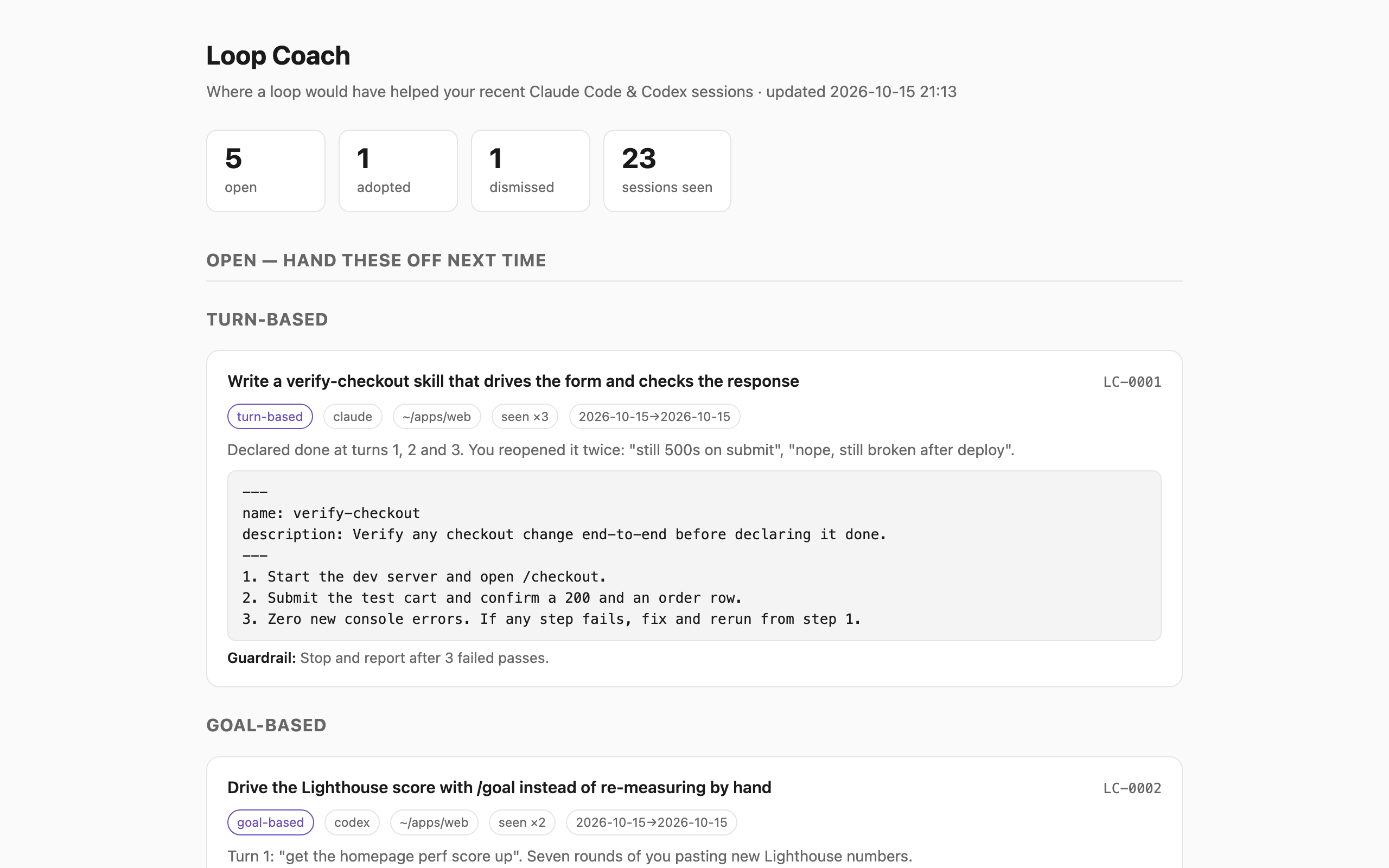 Loop Coach: Session Retros for Claude Code & Codex preview