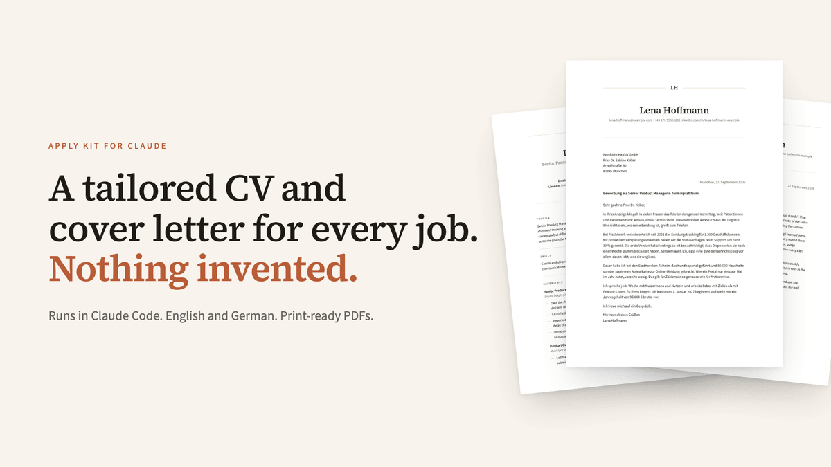 Apply Kit: Resume & Cover Letter Tailoring for Claude Code preview