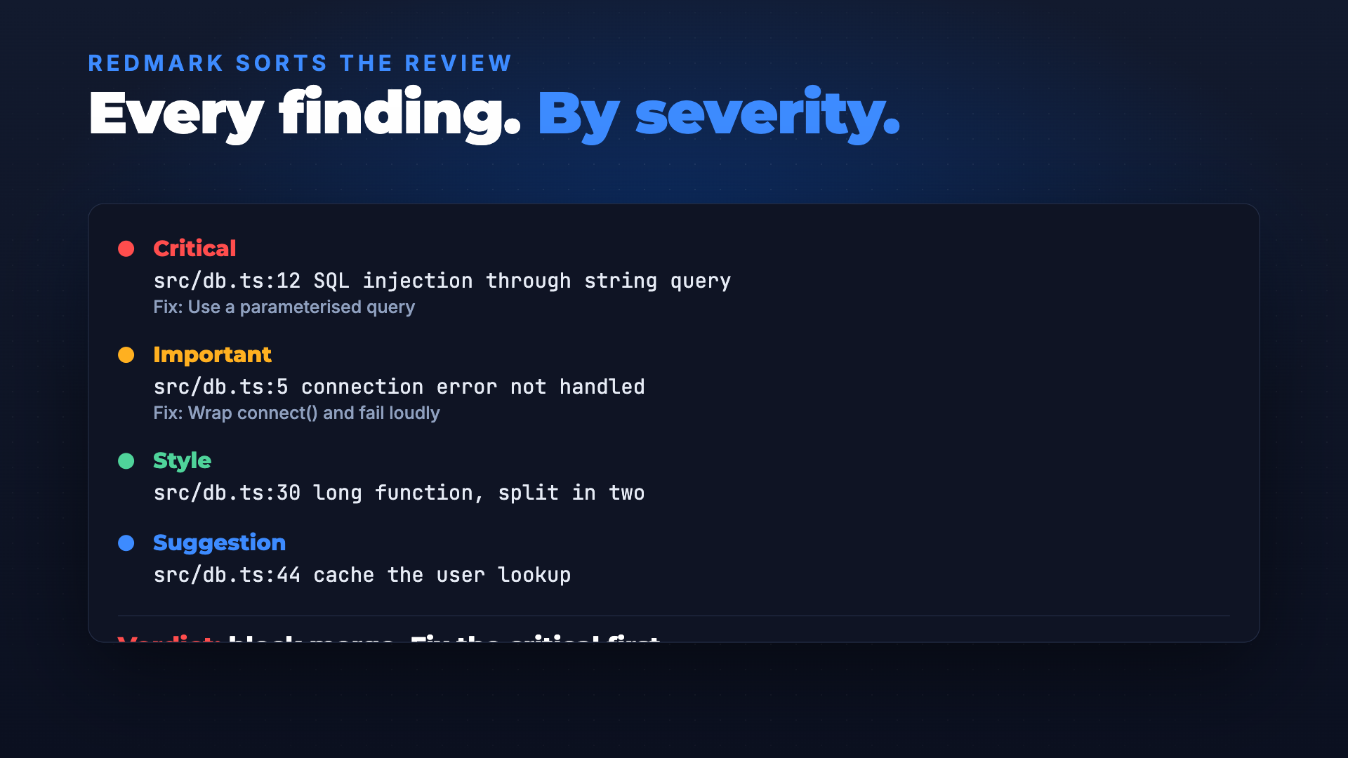 Redmark: code review by severity screenshot 2