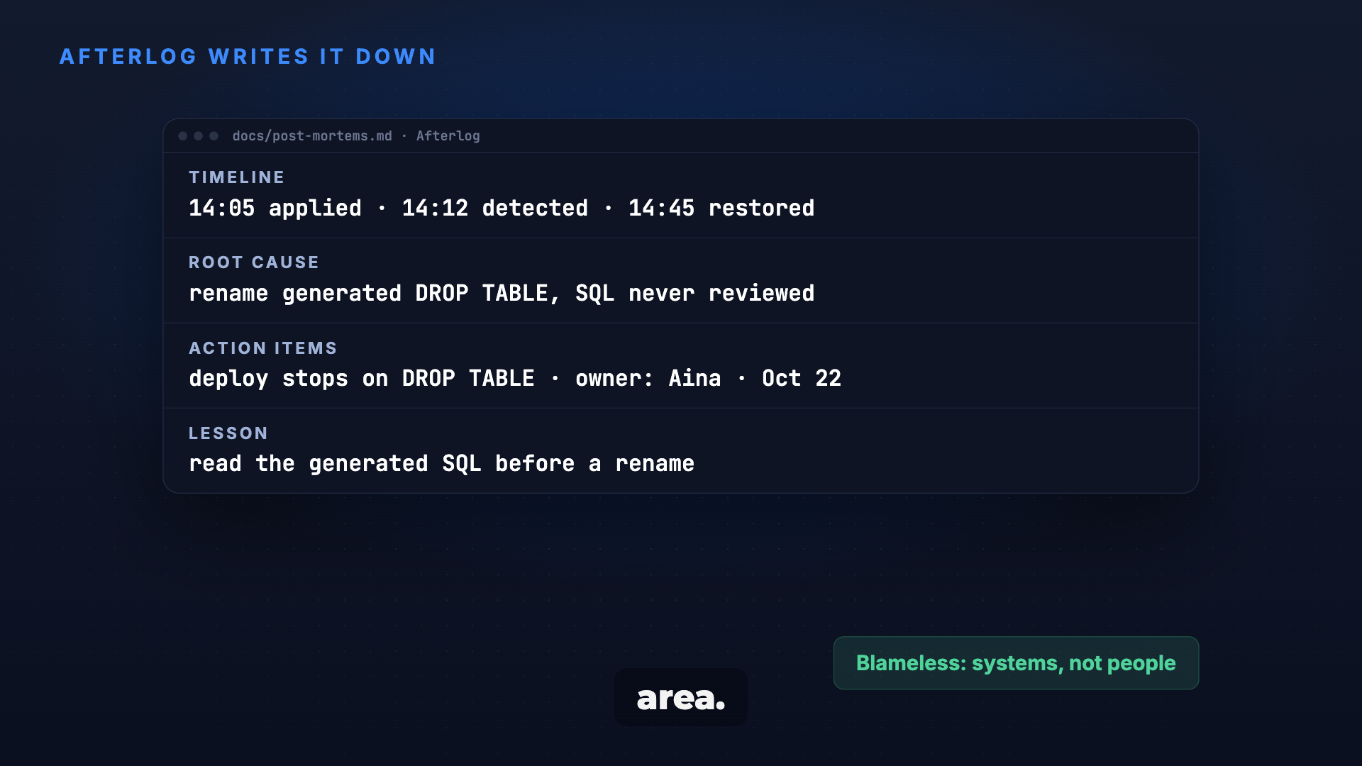 Afterlog: blameless post-mortems that change something screenshot 3