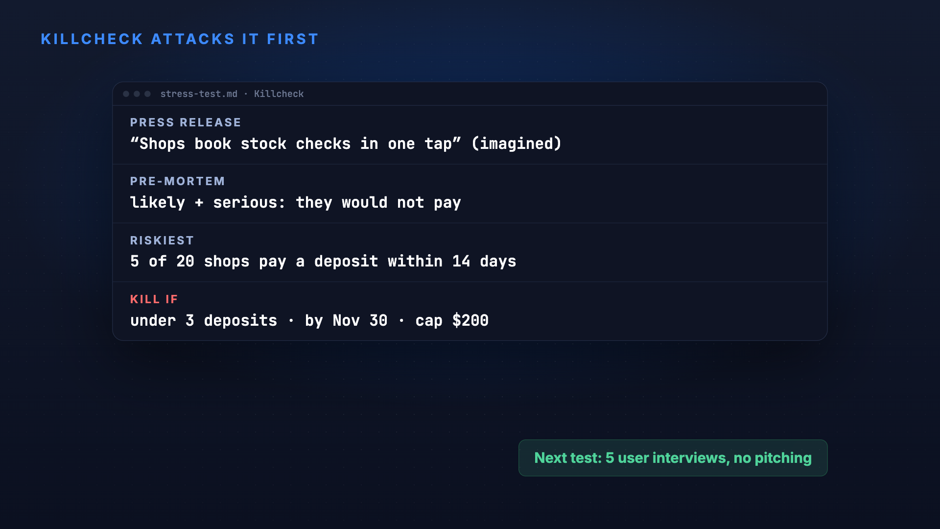 Killcheck: find what kills the idea before you build it screenshot 3