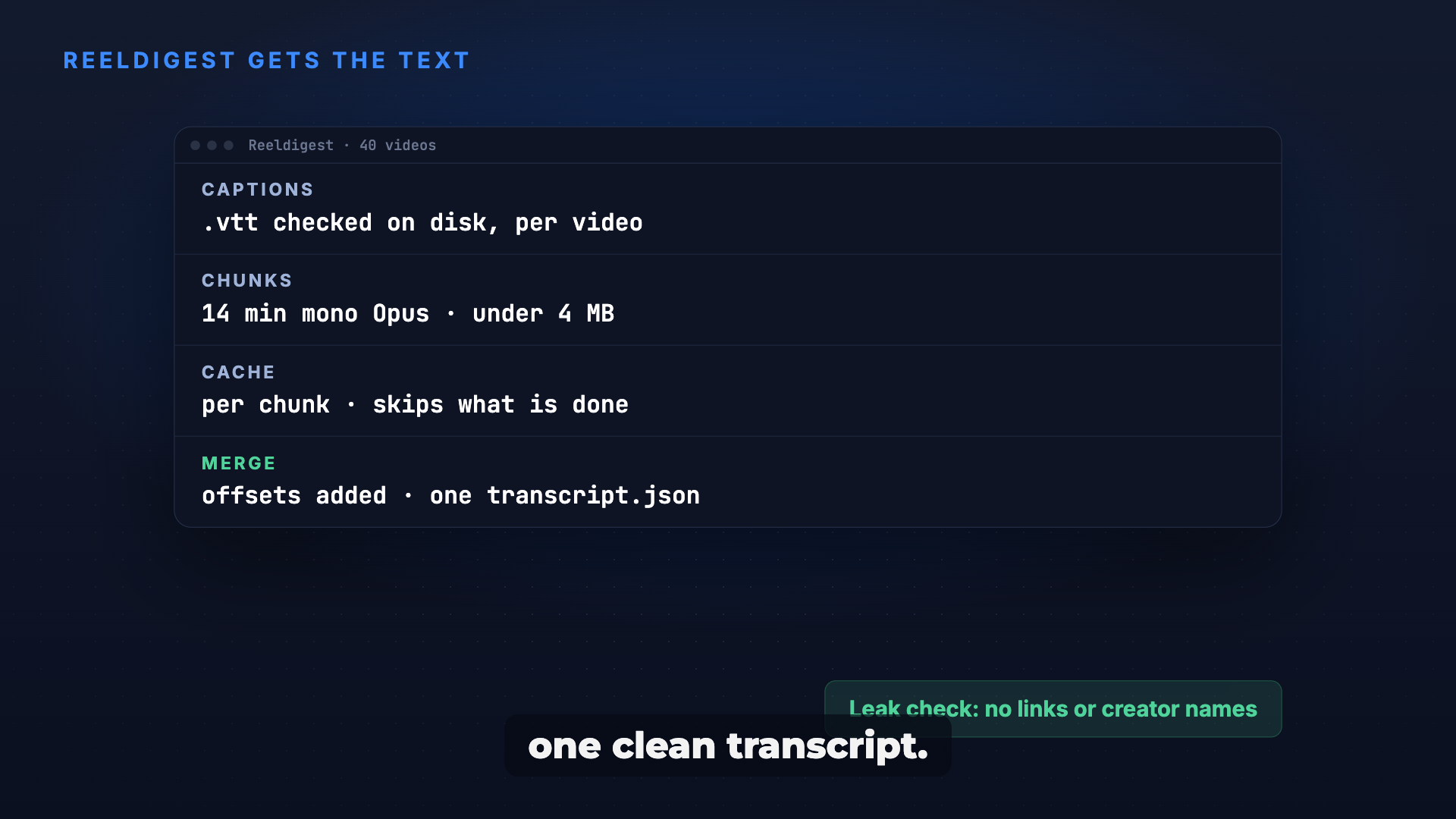 Reeldigest: Videos into clean, searchable transcripts screenshot 3