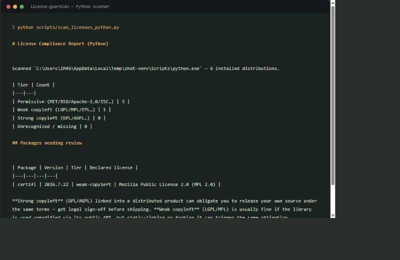 License Guardian — dependency license compliance for Claude screenshot 2