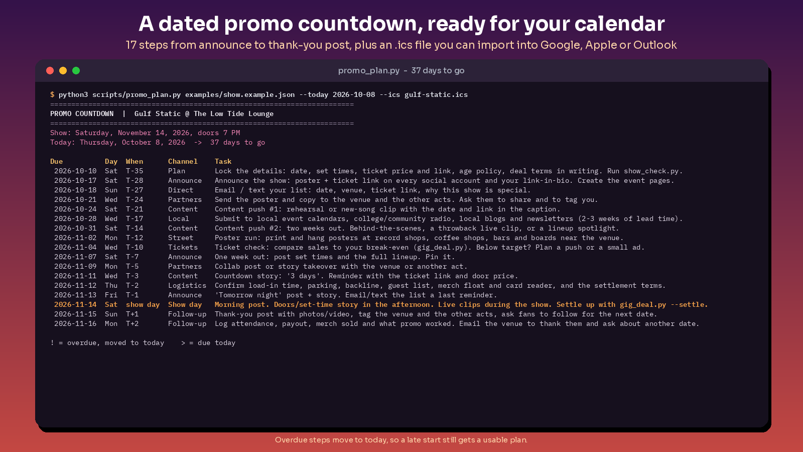 live show promo and payout planner screenshot 2