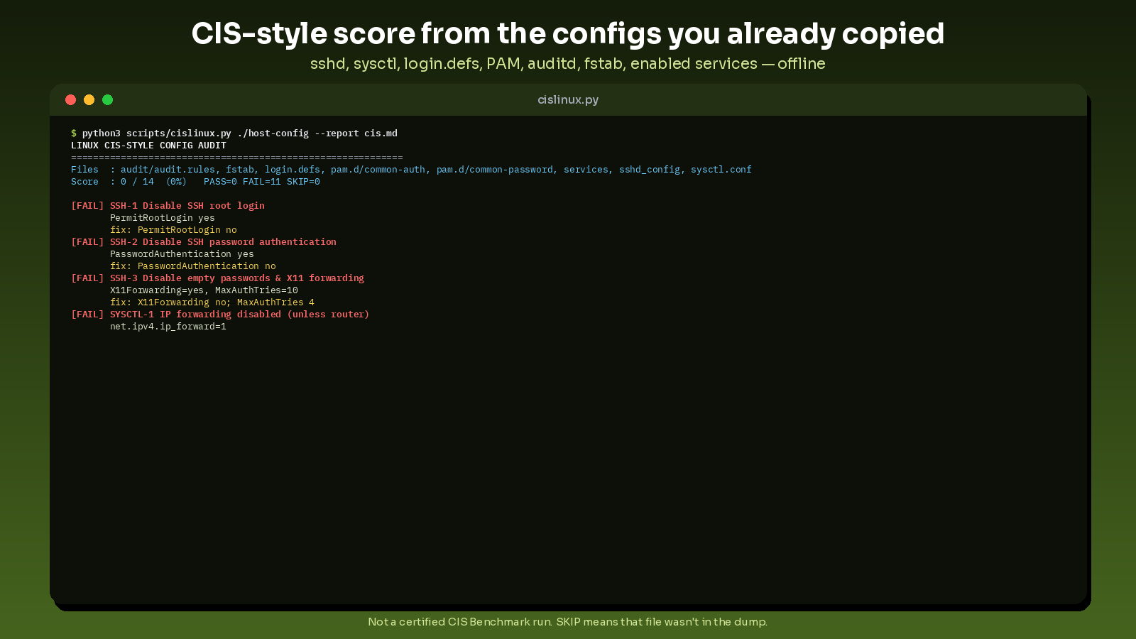 linux cis style config auditor preview