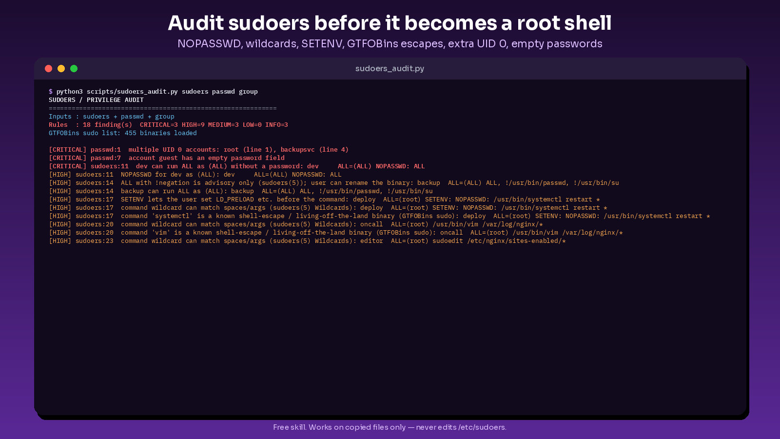 sudoers and privilege auditor preview