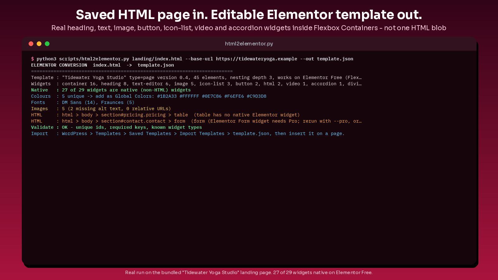 html to elementor template converter preview