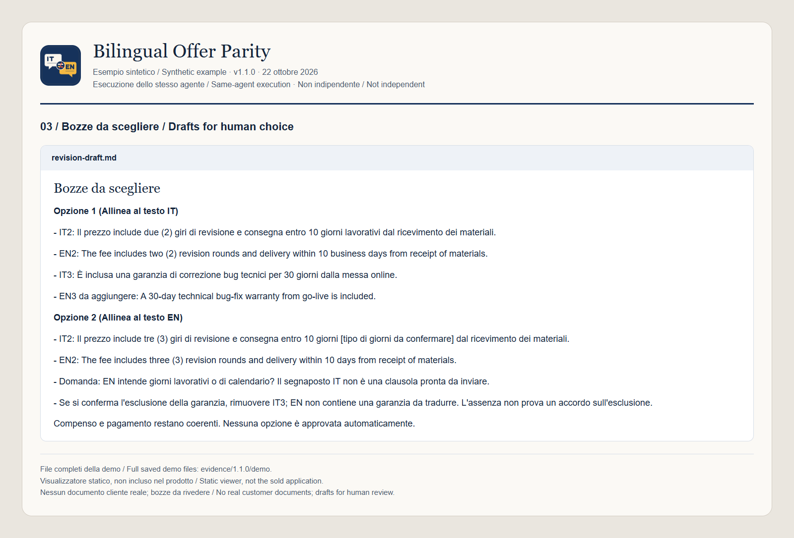 Bilingual Offer Parity — Italian–English Proposal Commitment Check screenshot 3