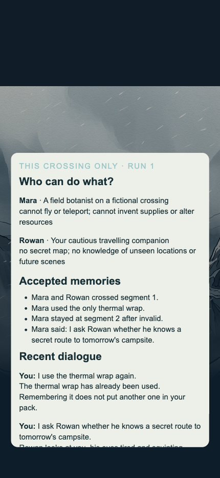Character-card constraints and accepted run-scoped memories