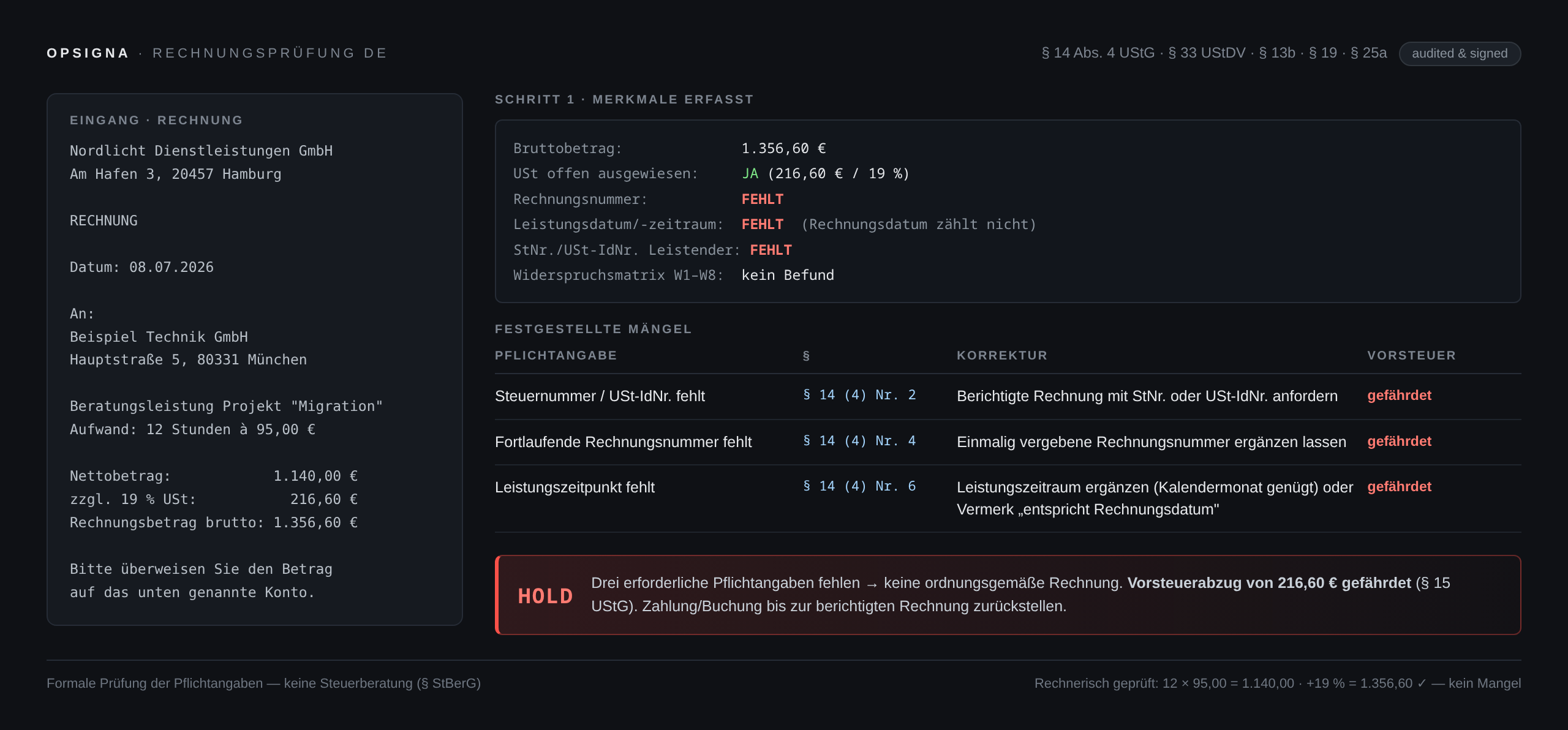 Rechnungsprüfung DE — Pflichtangaben §14 UStG · GoBD · Vorsteuer (audited & signed) / German Invoice Compliance Check (§14 UStG / GoBD) — audited & signed SKILL.md preview