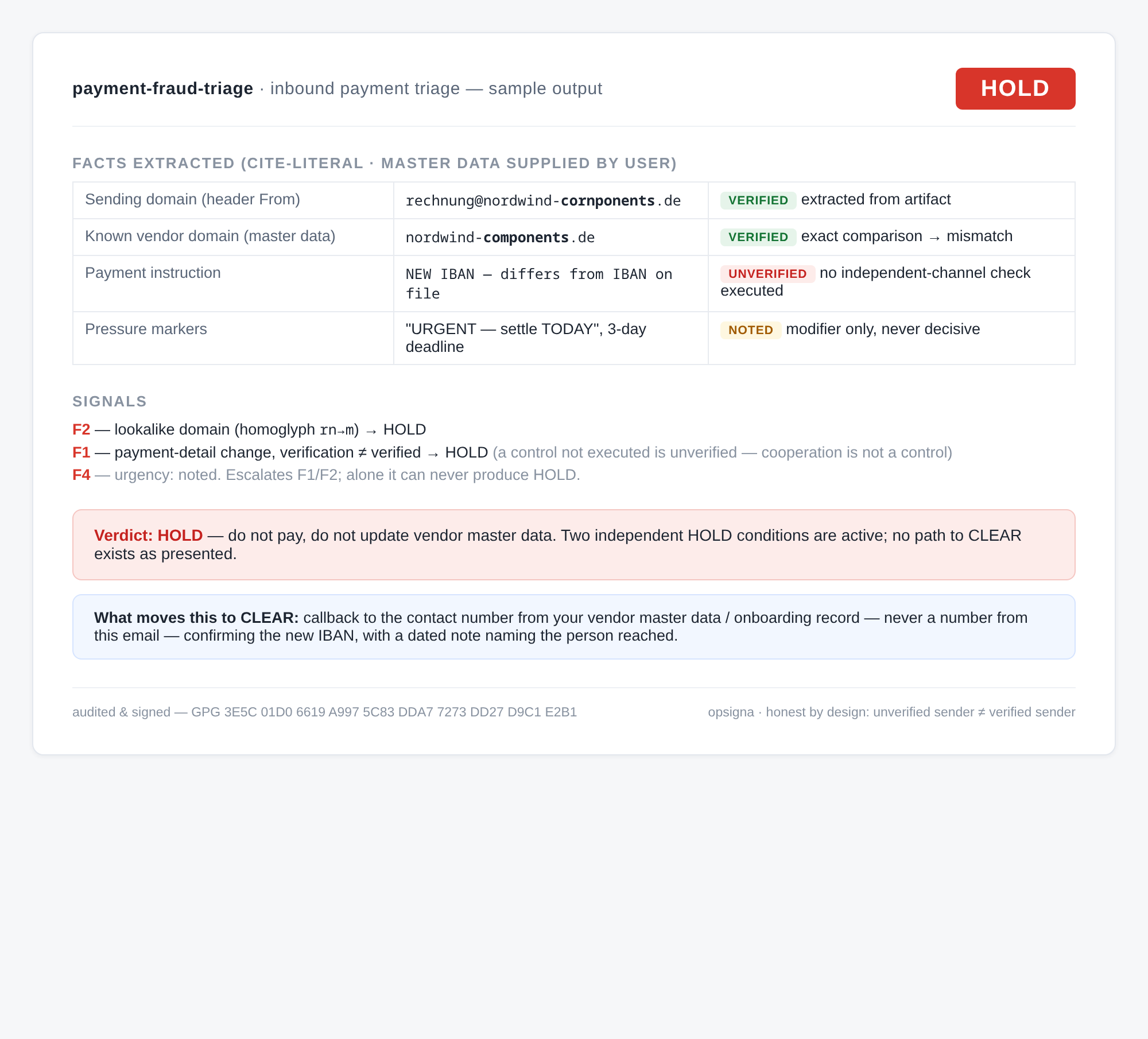 Payment Fraud Triage — BEC & Vendor Fraud Verdict (CLEAR/VERIFY/HOLD) preview