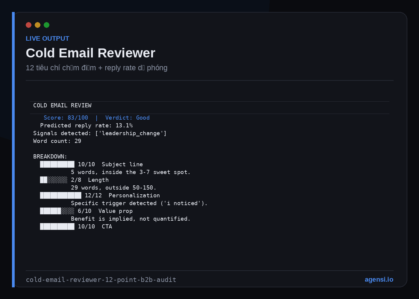 Cold Email Reviewer — 12-Point B2B Audit preview