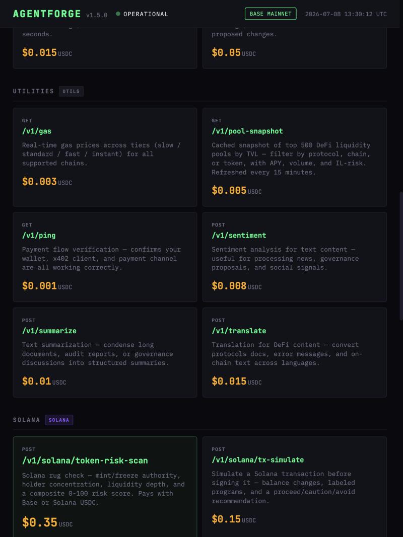 AgentForge -- DeFi Safety Toolkit (Solana + EVM, x402) preview