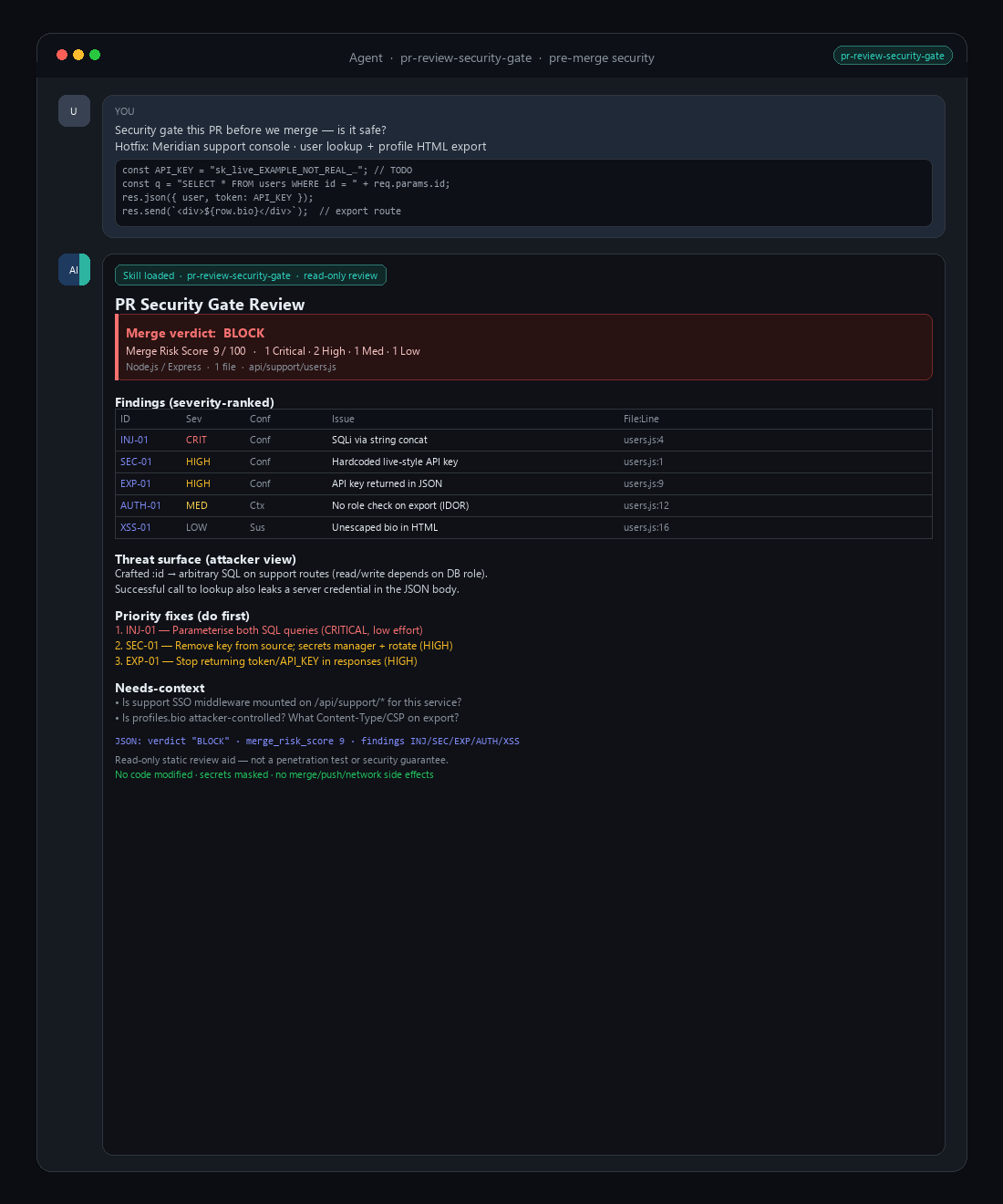 PR Review Security Gate — Pre-Merge BLOCK / FIX-FIRST Verdict screenshot 2