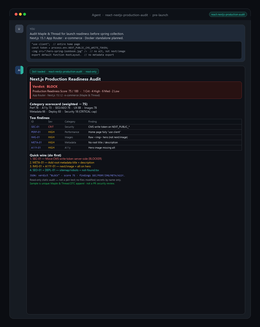 React / Next.js Production Audit — SHIP / FIX-FIRST / BLOCK Score screenshot 2