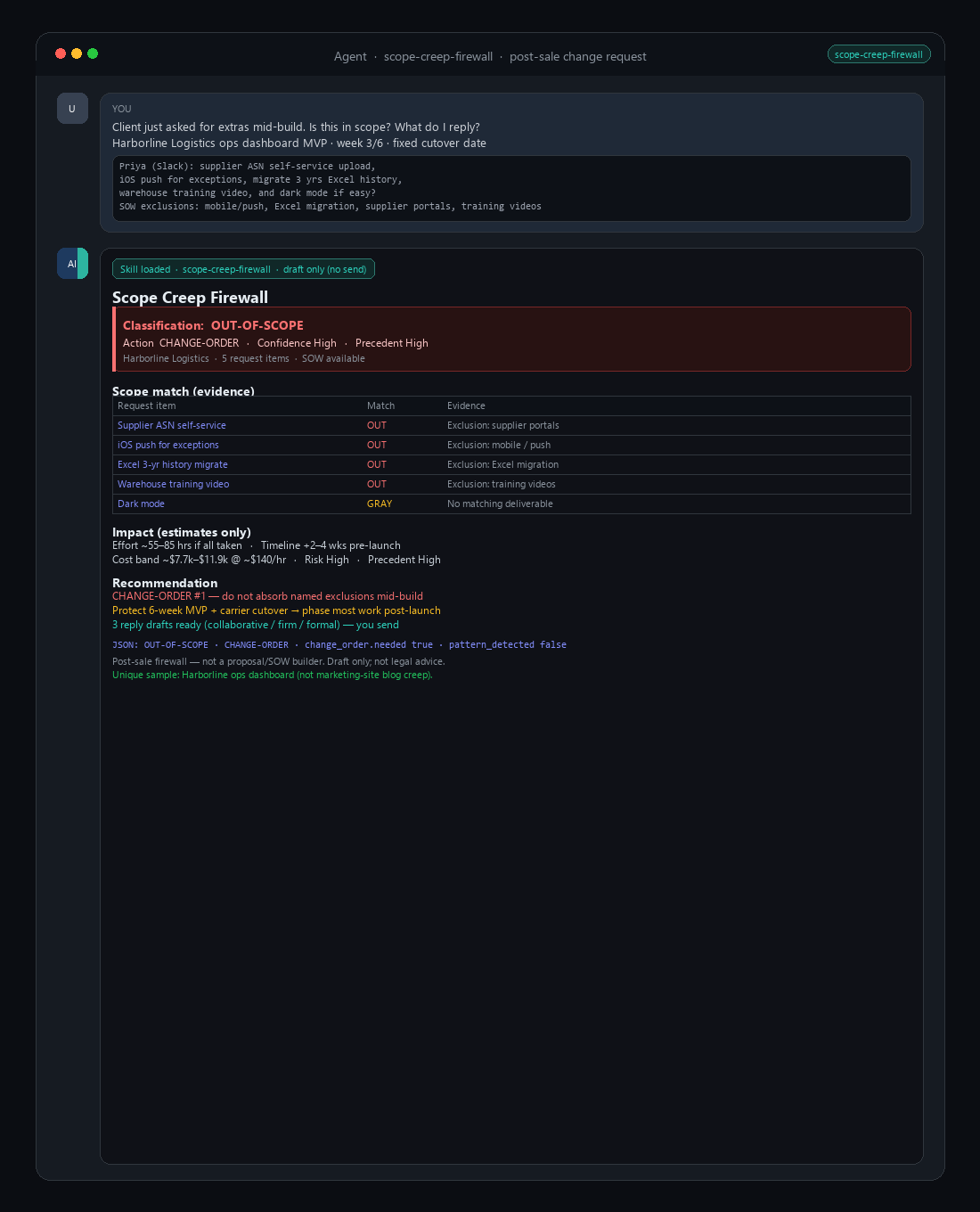 Scope Creep Firewall — Classify Change Requests & Draft the Reply screenshot 2