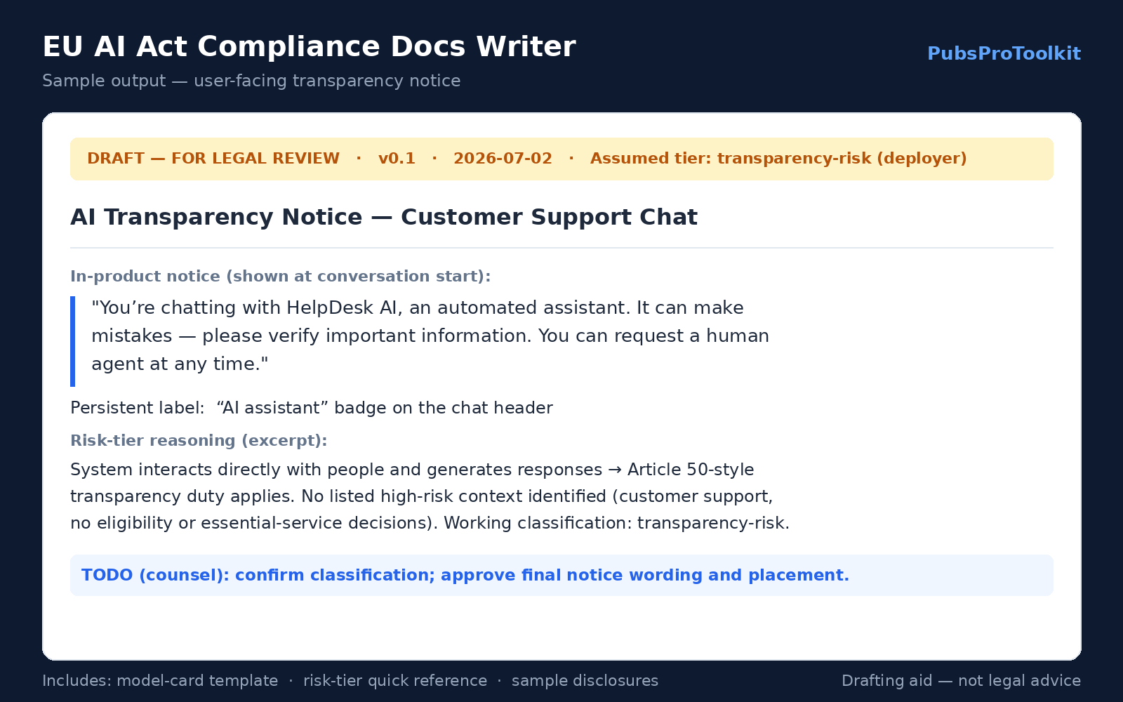 EU AI Act Compliance Docs Writer — Model Cards, AI Disclosures, and Risk-Tier Worksheets, Counsel-Ready screenshot 1