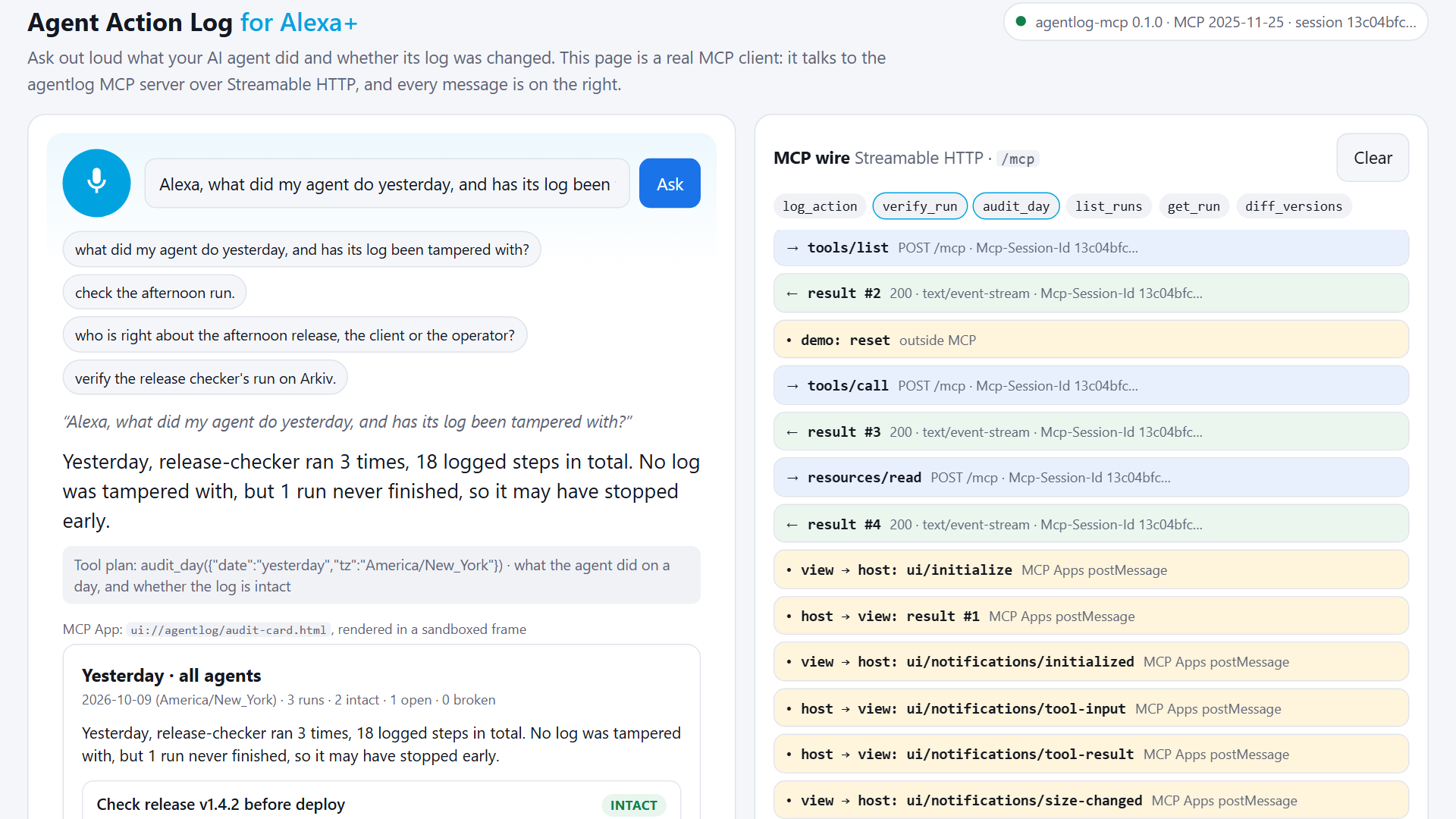 Agent Action Log: tamper-evident audit trail for AI agents screenshot 1