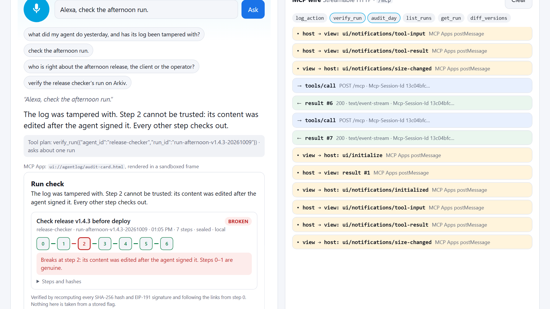 Agent Action Log: tamper-evident audit trail for AI agents screenshot 2