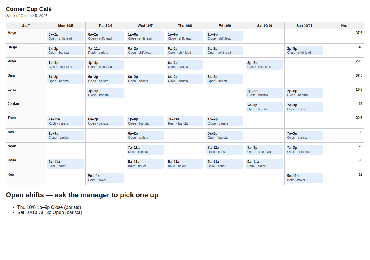 Shift Scheduler: Claude Skill for Staff Schedules preview