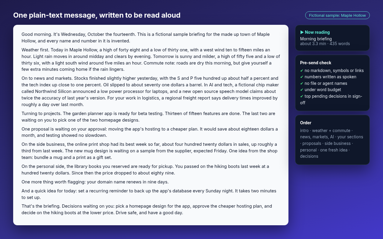 Drive-Time Briefing: Spoken Daily Commute Digest preview