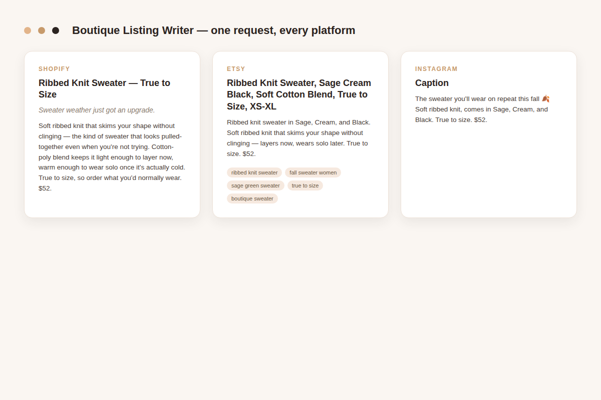 Boutique Listing Writer — Fashion & Apparel Product Copy That Sounds Like You preview