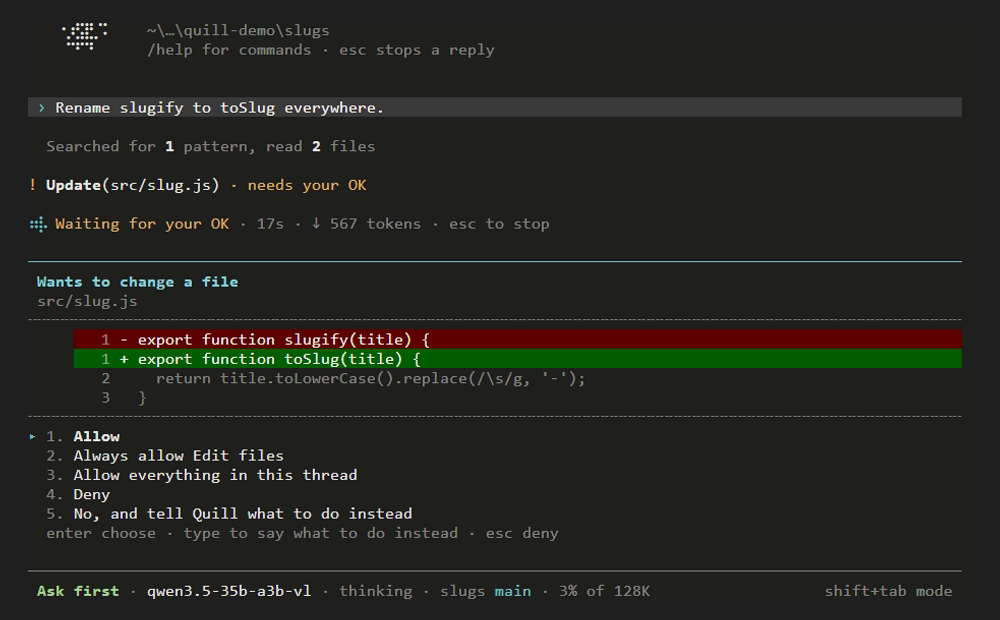 Quill Delegate: Hand Coding Tasks to a Local Model screenshot 2