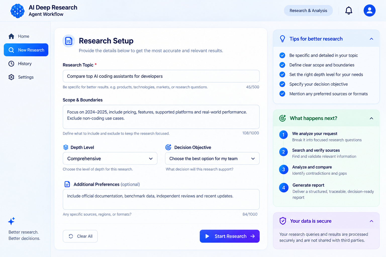ai deep research agent workflow screenshot 2
