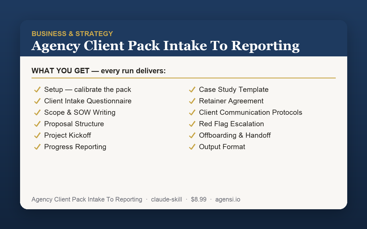 Agency Client Pack Intake to Reporting preview