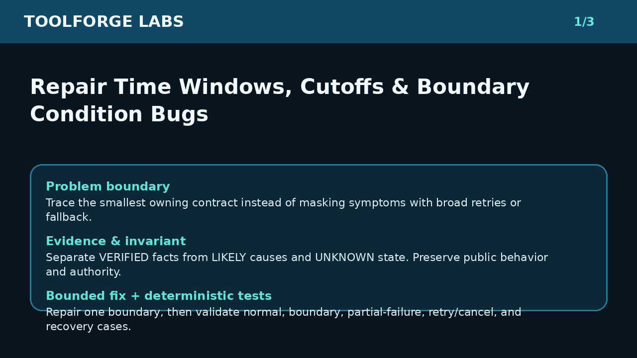 Repair Time Windows, Cutoffs & Boundary Condition Bugs screenshot 1