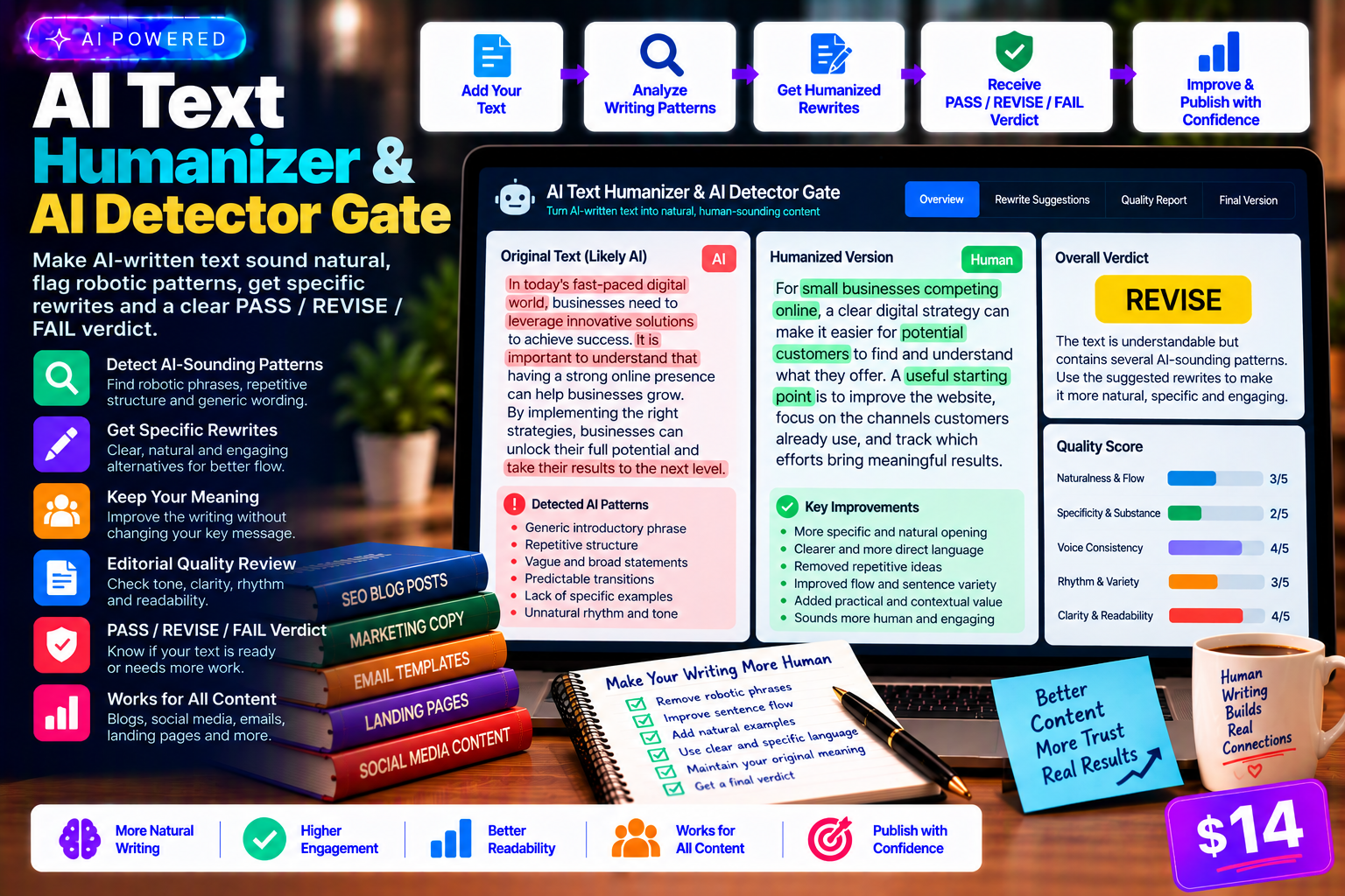 AI Text Humanizer & AI Detector Gate Skill